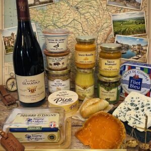 Box Le Tour de France La Maison Gourmet — vino Côtes-du-Rhône Semaska, terrines Madame de Turenne, Pico Picandou, Sauce Rouille e Béarnaise, cornichons e senape Edmond Fallot, Beurre d'Isigny demi-sel, Filet Bleu Galet de Quimper