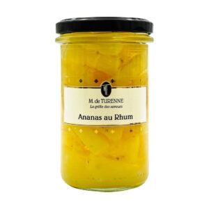 Vasetto in vetro di Ananas au rhum Madame de Turenne con etichetta dal gusto raffinato ed elegante