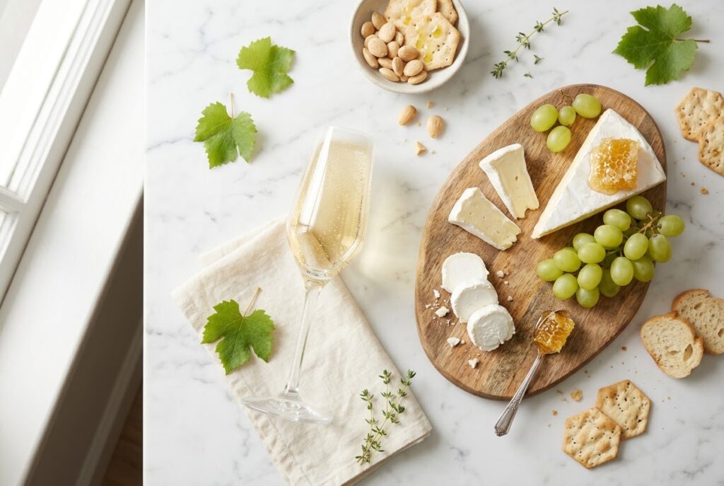 Calice di bollicine e tagliere di formaggi leggeri per aperitivo