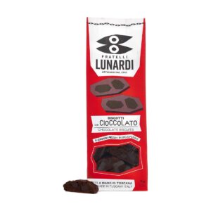 Confezione rossa di biscotti artigianali Cantucci al Cioccolato Fratelli Lunardi, specialità dolciaria toscana