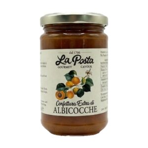 Vasetto in vetro di Confettura Extra di Albicocche Locanda La Posta, confettura artigianale ricca di frutta.