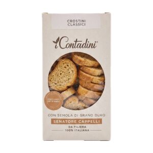 Confezione di Crostini Classici I Contadini con semola di grano duro Senatore Cappelli, croccanti artigianali pugliesi.