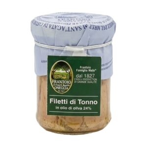 Vasetto in vetro di Filetti di Tonno in olio di oliva Frantoio Sant'Agata D'oneglia - Famiglia Mela, conserva ittica artigianale premium.