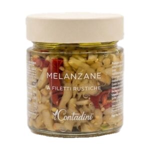 Vasetto in vetro di Melanzane a Filetti Rustiche I Contadini, conserva artigianale pugliese sott'olio con peperoncino e spezie.