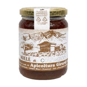 Vasetto in vetro da 500g di Miele di Montagna Apicoltura Girardelli, miele artigianale dal colore ambrato e consistenza densa.