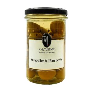 Vasetto in vetro di prugne Mirabelles à l'Eau de Vie Madame de Turenne, frutta sciroppata nell'acquavite francese