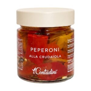 Vasetto in vetro di Peperoni alla Crudaiola I Contadini, conserva artigianale pugliese sott'olio con peperoni rossi e gialli