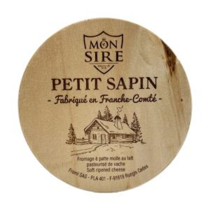 Formaggio cremoso Petit Sapin Mon Sire in scatola di legno cinto da fascia in corteccia di abete