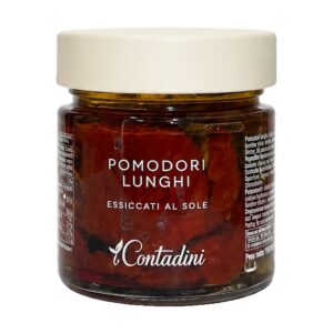 Vasetto in vetro di Pomodori Lunghi Essiccati al Sole I Contadini, conserva tradizionale pugliese sott'olio.