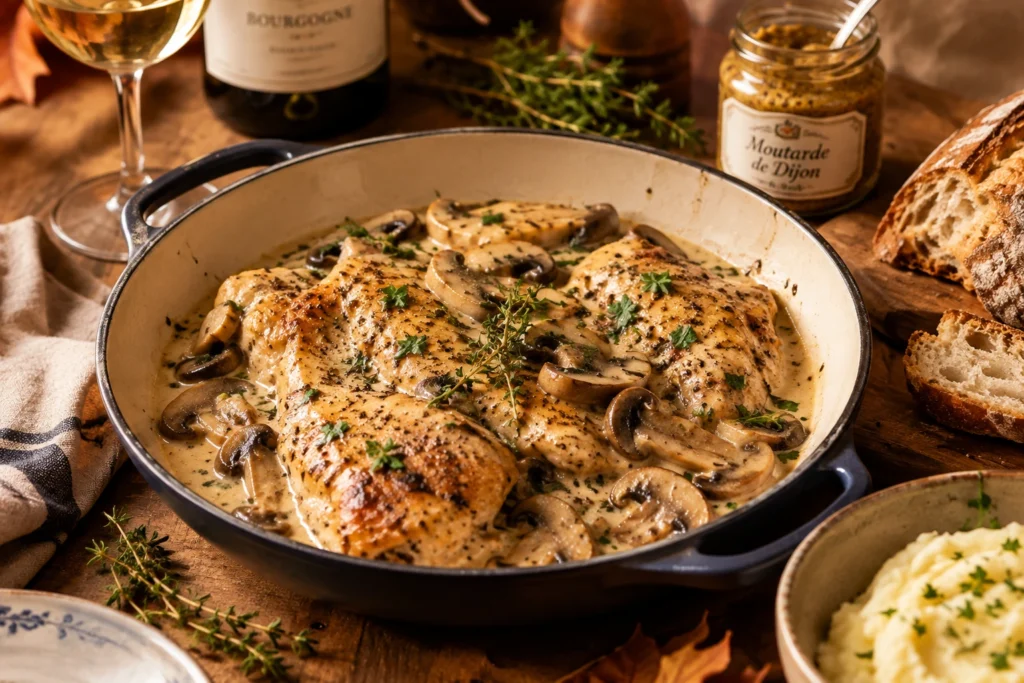 Poulet à la moutarde, crème et champignons — ricetta La Maison Gourmet