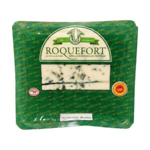 Spicchio di formaggio erborinato Roquefort Tradition Émotion con venature blu-verdi e pasta bianca e cremosa