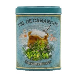 Confezione di Sale della Camargue alle erbe di Provenza Esprit de Provence, con cristalli di sale marino e mix di erbe aromatiche visibili.