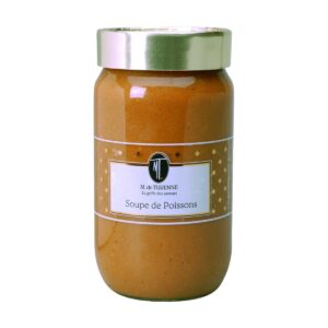 Vasetto in vetro di Soupe de Poissons Madame de Turenne con etichetta dal gusto raffinato ed elegante