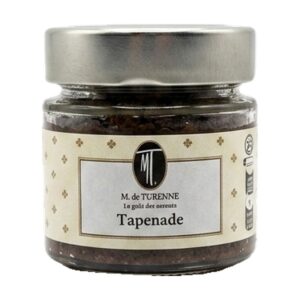 Vasetto in vetro di Tapenade Madame de Turenne, classica ed intensa crema spalmabile provenzale a base di olive nere, capperi e acciughe.