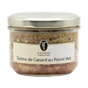 Vasetto in vetro di Terrine de canard au poivre vert Madame de Turenne con etichetta dal gusto raffinato ed elegante