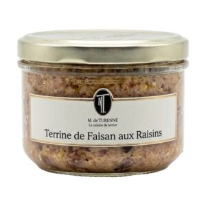 Vasetto in vetro di Terrine de Faisan aux raisins Madame de Turenne con etichetta raffinata ed elegante