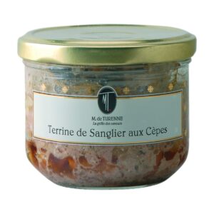 Vasetto in vetro di Terrine de Sanglier aux Cèpes Madame de Turenne, paté francese artigianale di cinghiale e porcini.