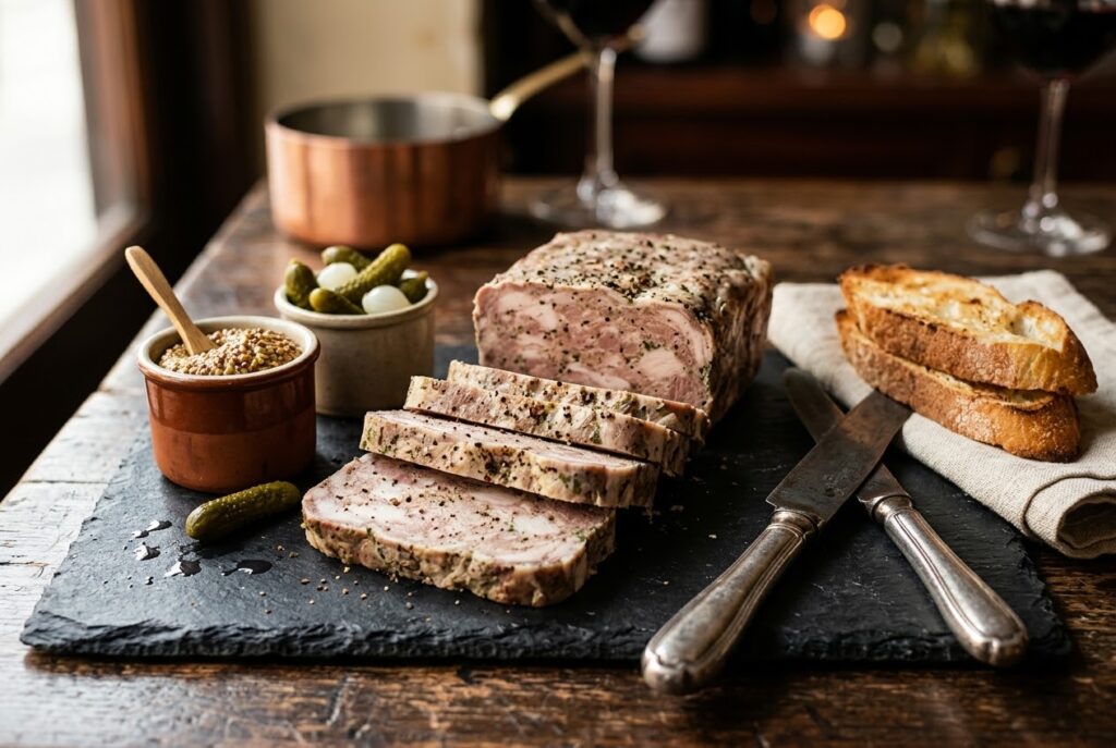 Terrine de campagne affettata su ardesia con cornichons, senape e pane tostato