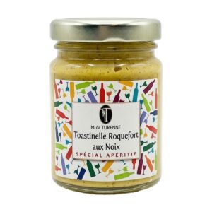Vasetto di Toastinelle Roquefort aux Noix Madame de Turenne con etichetta dal design raffinato e colorato