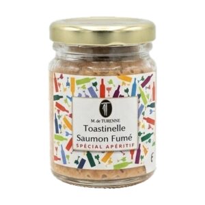 Vasetto di Toastinelle Saumon Fumé Madame de Turenne con etichetta dal gusto raffinato ed elegante